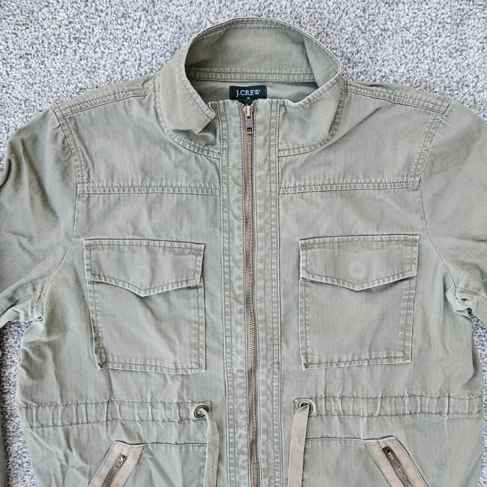 J Crew Military Field Jacket Olive Green Pockets Zip Up Cinch Waist Womens Large